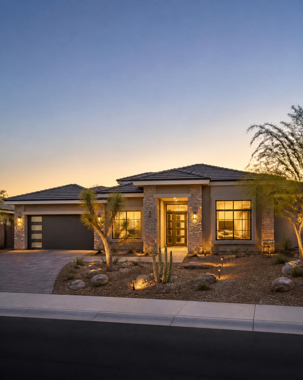 Modern suburban home in Arizona at dusk