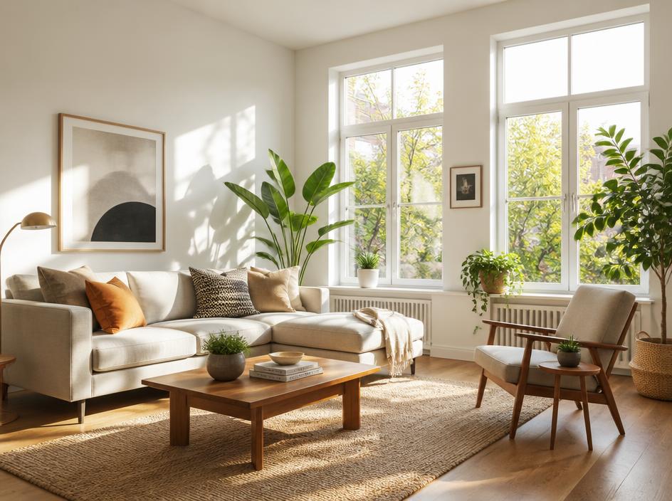 Bright living room with sunlight streaming through windows